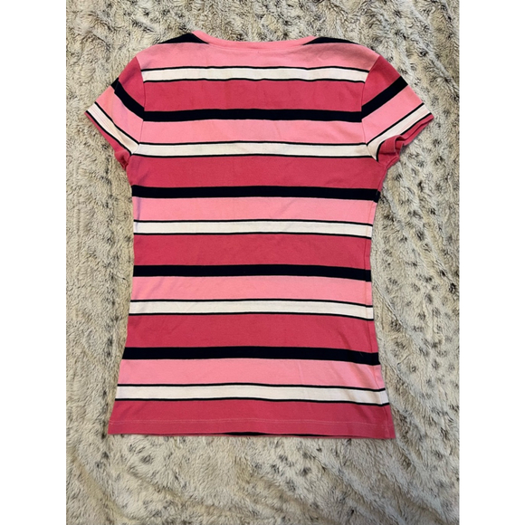 Vintage Tommy Hilfiger Y2K Striped V-Neck T-Shirt Womens Size M Pink Navy EUC - Picture 2 of 14